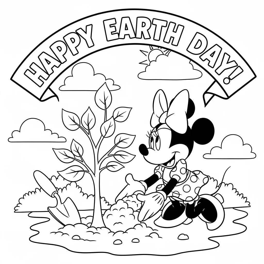 Desenho de Minnie Mouse e o Dia da Terra para Colorir