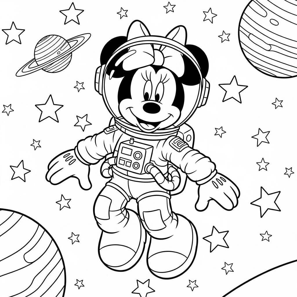 Desenho de Minnie Mouse em Aventura Espacial para Colorir