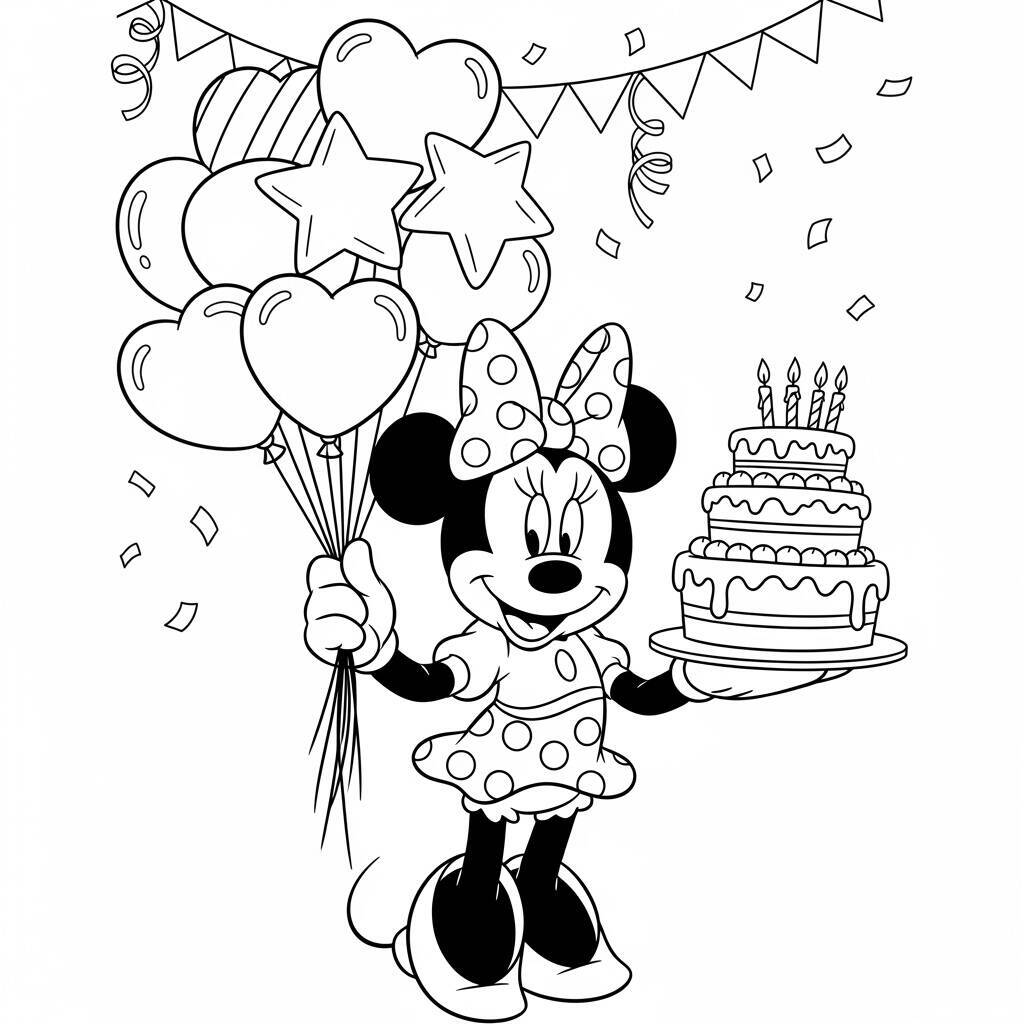 Desenho de Minnie Mouse em Festa de Aniversário para Colorir