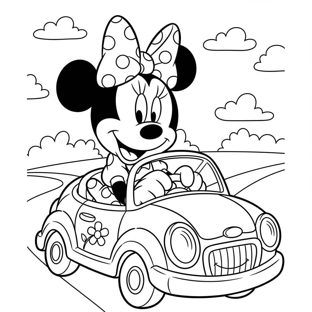 Desenho de Minnie Mouse em um Carro para Colorir