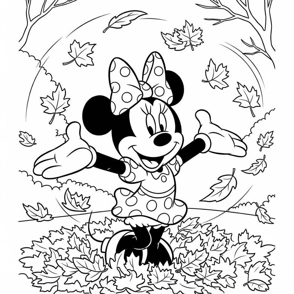 Desenho de Minnie Mouse em um Dia de Outono para Colorir