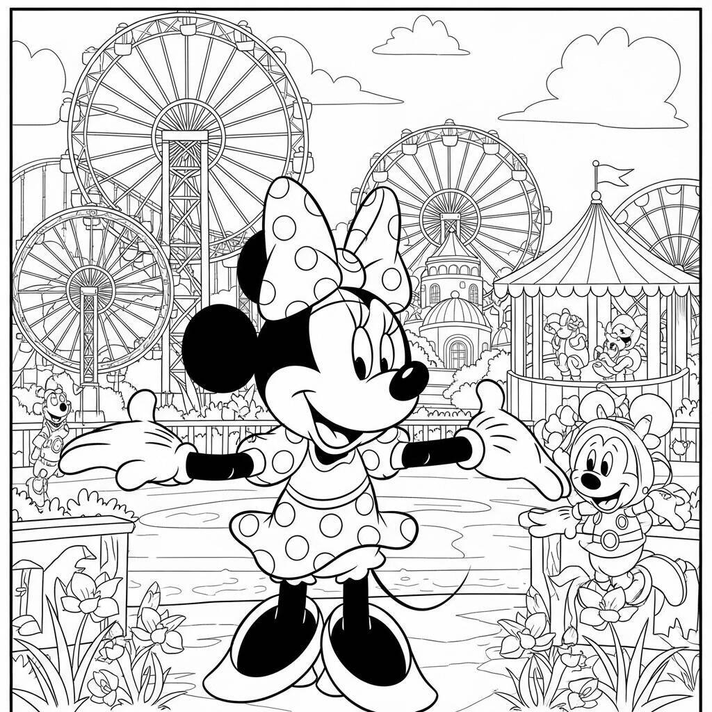 Desenho de Minnie Mouse em um Parque de Diversões para Colorir