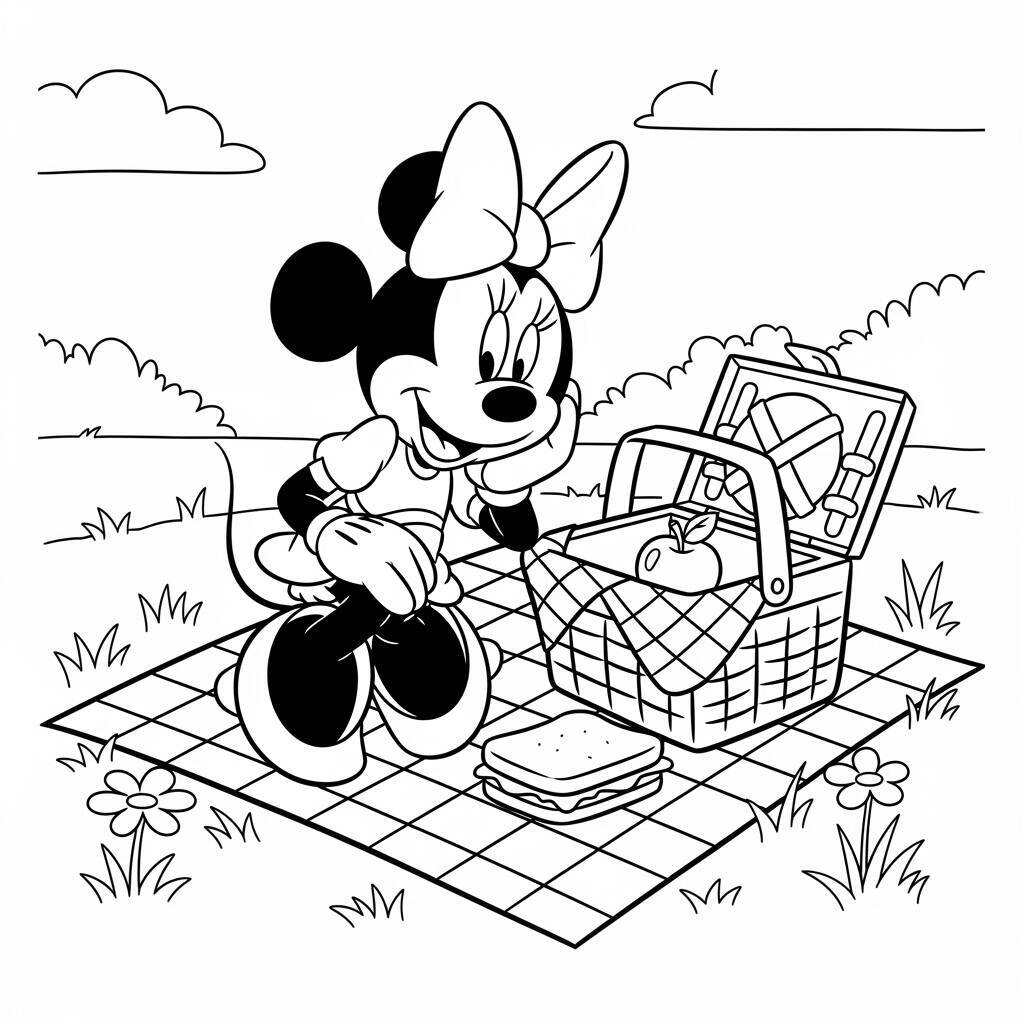 Desenho de Minnie Mouse em um Piquenique para Colorir