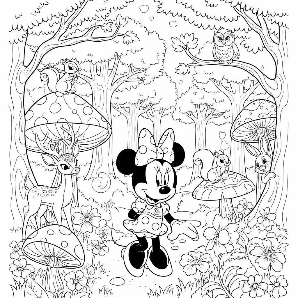 Desenho-de-Minnie-Mouse-na-Floresta-para-Colorir Desenho de Minnie Mouse na Floresta para Colorir