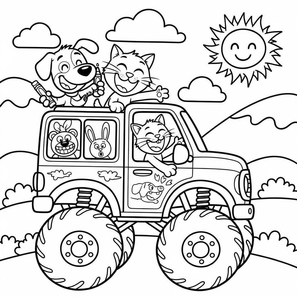 Desenho de Monster Truck com Animais para Colorir