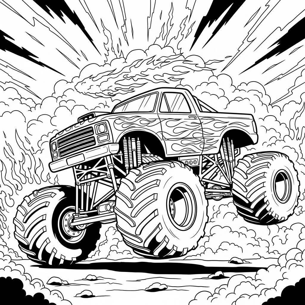 Desenho de Monster Truck com Fogo para Colorir