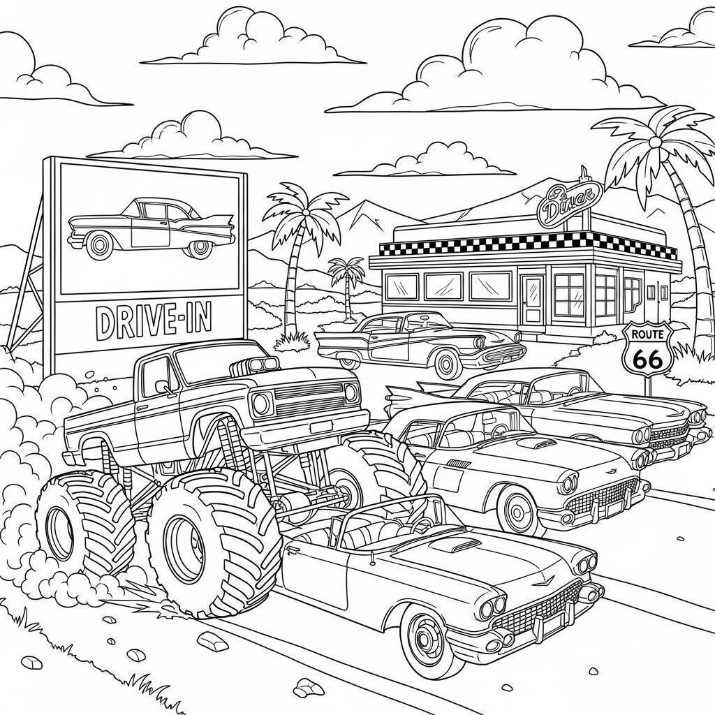 Desenho de Monster Truck e Carros Clássicos para Colorir