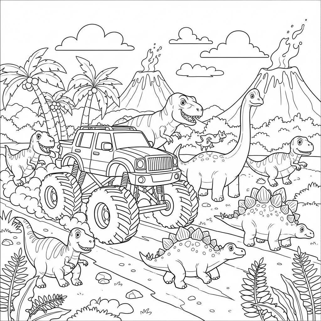 Desenho de Monster Truck e Dinossauros para Colorir