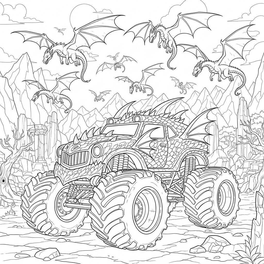 Desenho de Monster Truck e Dragões para Colorir
