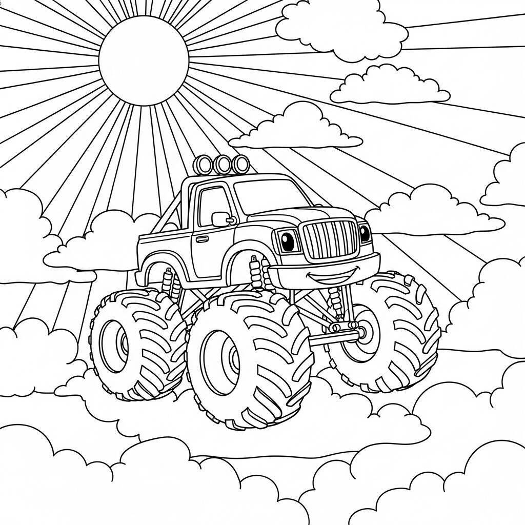 Desenho de Monster Truck e Nuvens para Colorir
