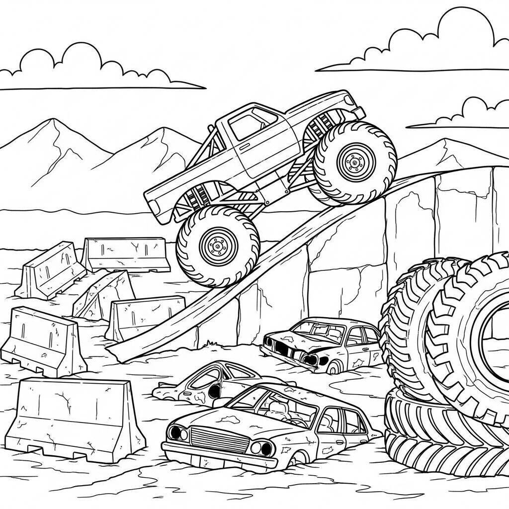 Desenho de Monster Truck e Pistas de Obstáculos para Colorir