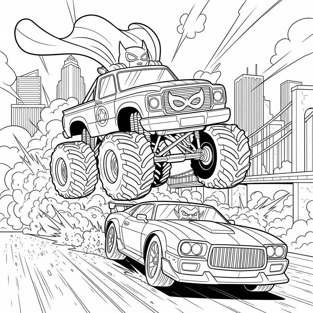 Desenho de Monster Truck e Super-heróis para Colorir