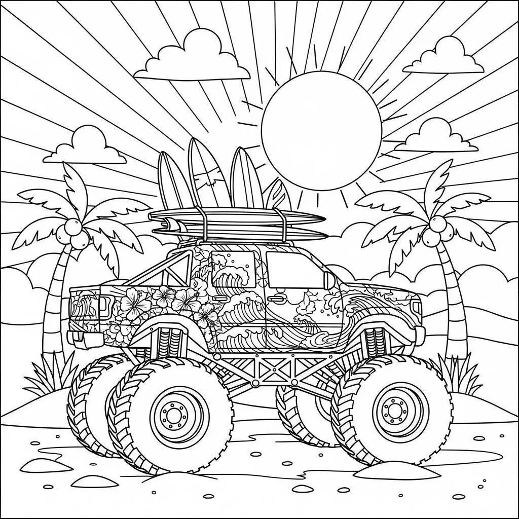 Desenho de Monster Truck e Surfistas para Colorir