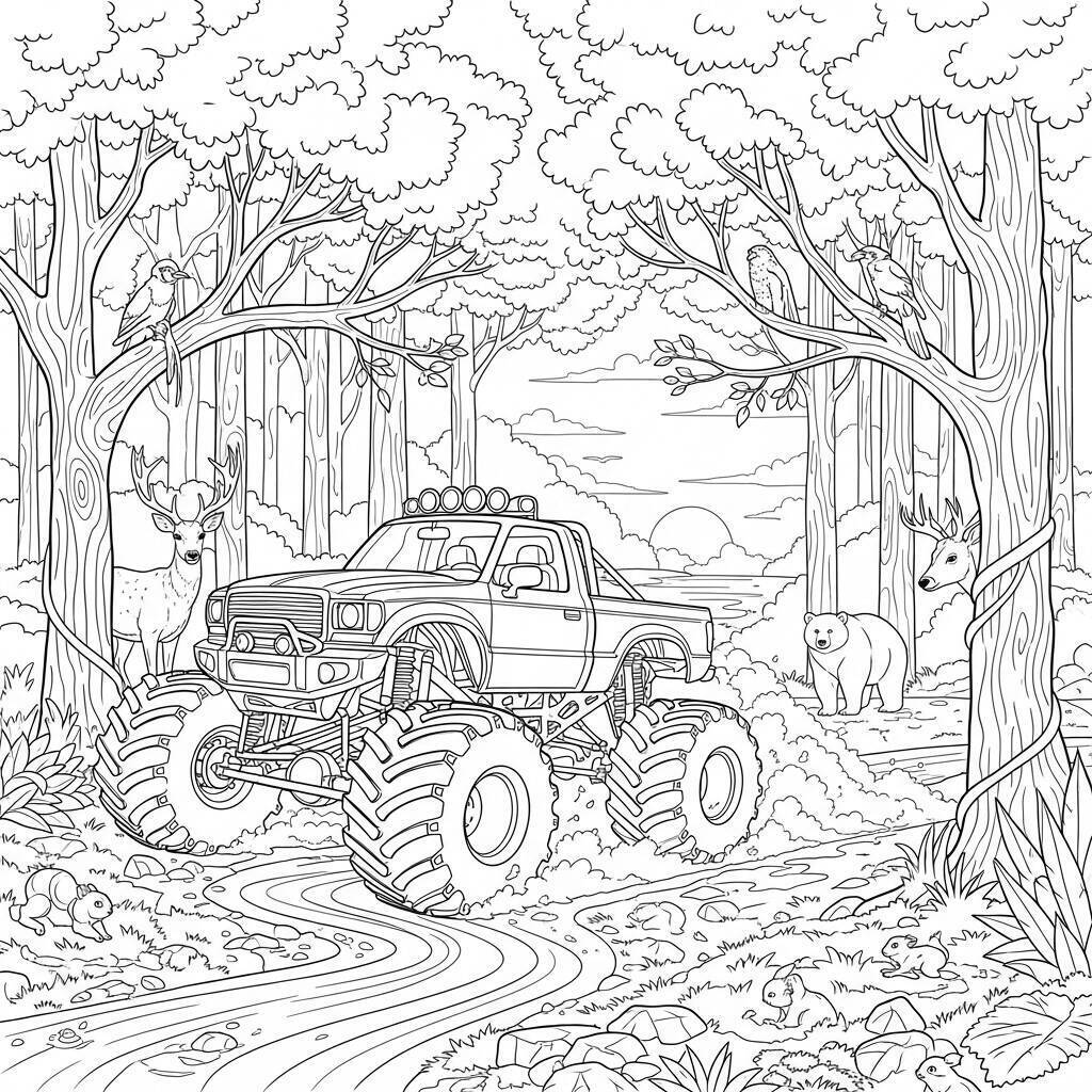 Desenho de Monster Truck em uma Floresta para Colorir