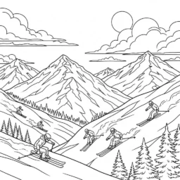 Desenho de Montanha com Esquiadores para Colorir