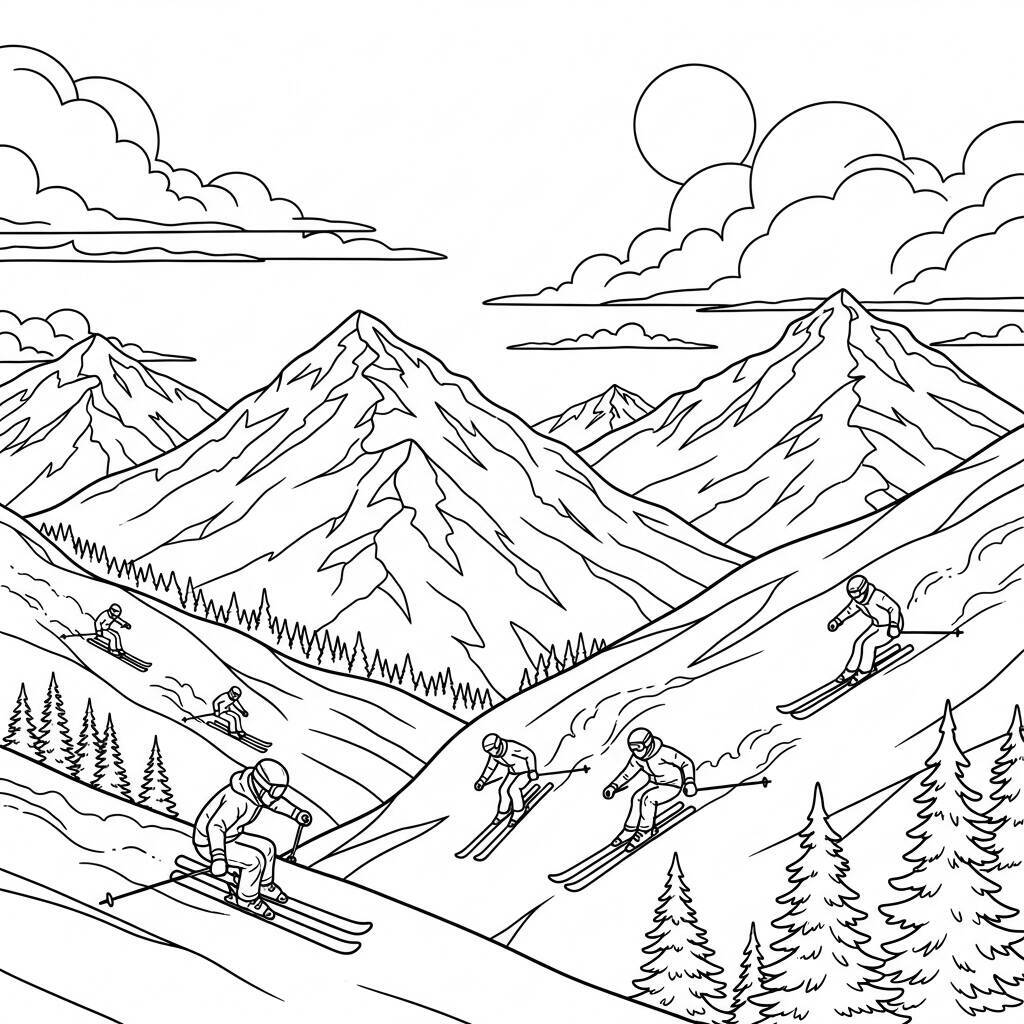 Malvorlage Berg mit Skifahrern