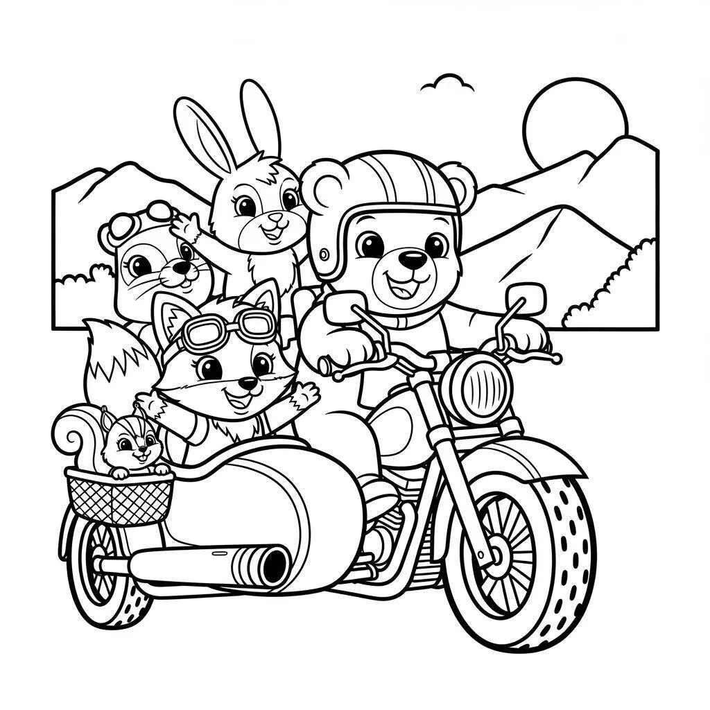 Desenho de Motocicleta com Animais para Colorir