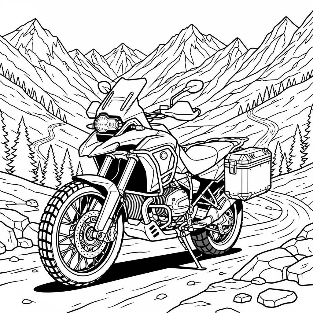 Desenho de Motocicleta com Elementos de Aventura para Colorir