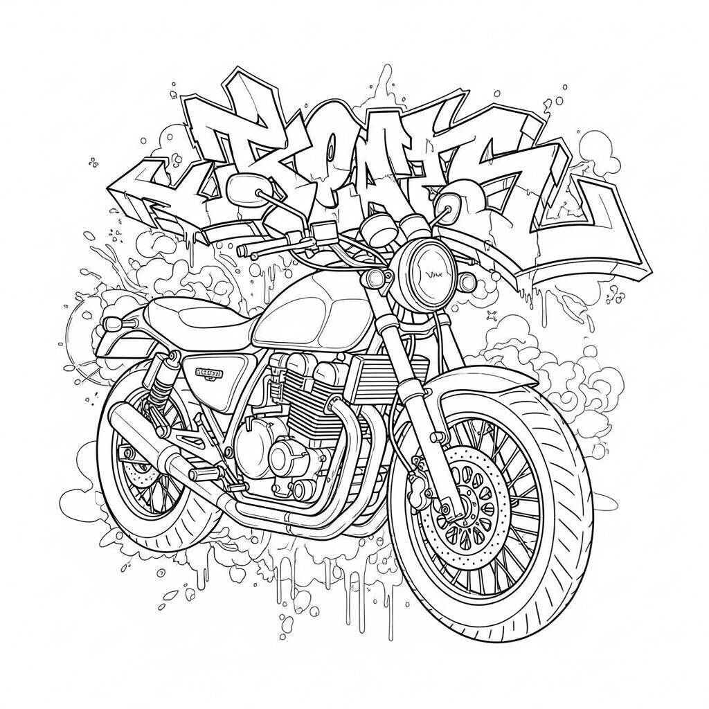 Desenho de Motocicleta com Estilo Graffiti para Colorir