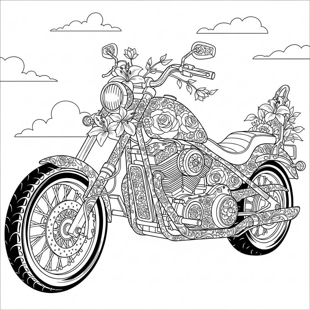 Desenho de Motocicleta com Motivos Florais para Colorir