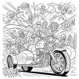 Desenho de Motocicleta com Personagens de Quadrinhos para Colorir