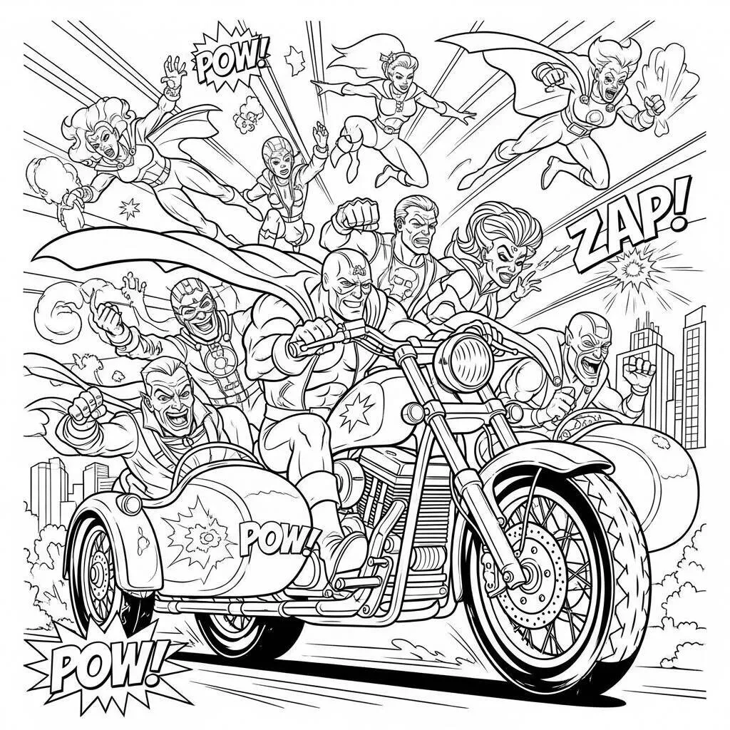 Desenho-de-Motocicleta-com-Personagens-de-Quadrinhos-para-Colorir Desenho de Motocicleta com Personagens de Quadrinhos para Colorir