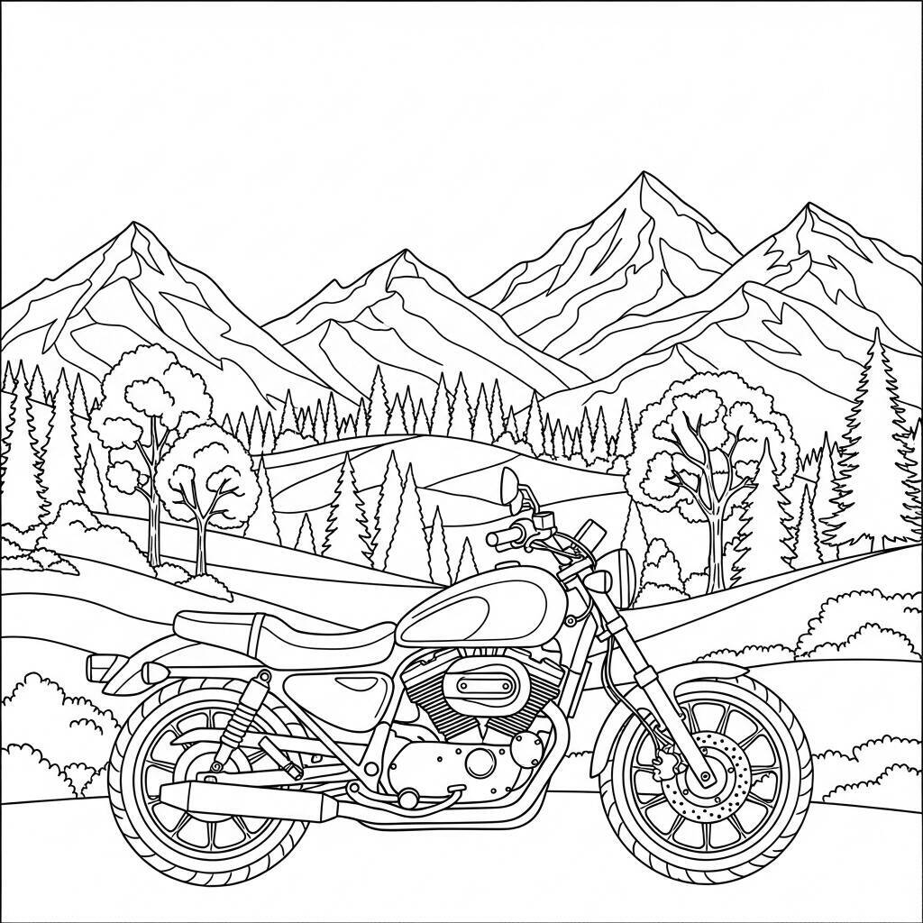 Desenho de Motocicleta em Paisagem Natural para Colorir