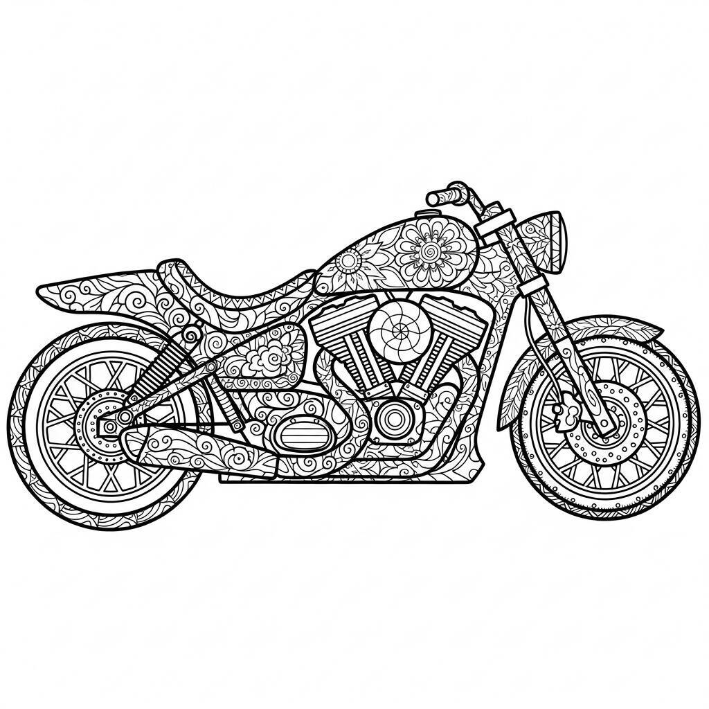 Desenho de Motocicleta para Adultos com Detalhes Intrincados para Colorir