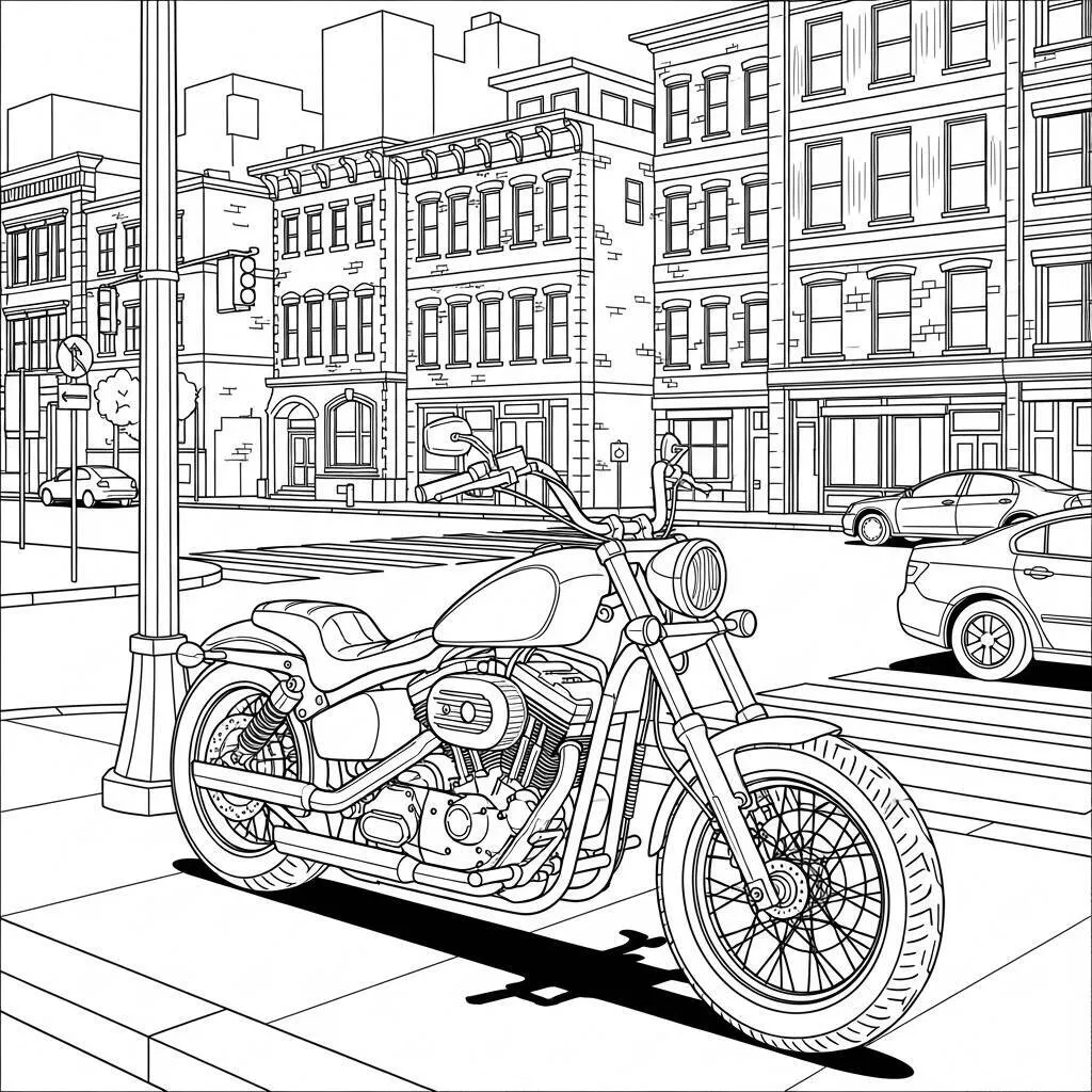 Desenho de Motocicleta para Colorir com Paisagem Urbana