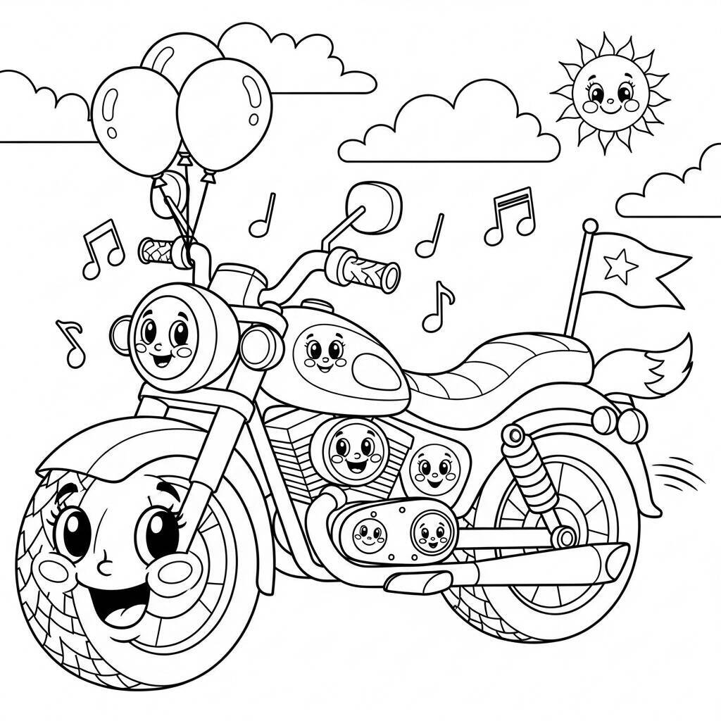 Desenho de Motocicleta para Crianças com Sorrisos para Colorir
