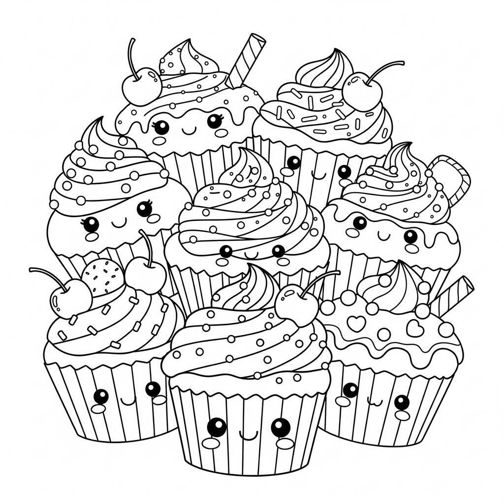 Desenho de Muffins Kawaii para Colorir
