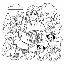 Desenho de Mulher Adulta com Animais para Colorir