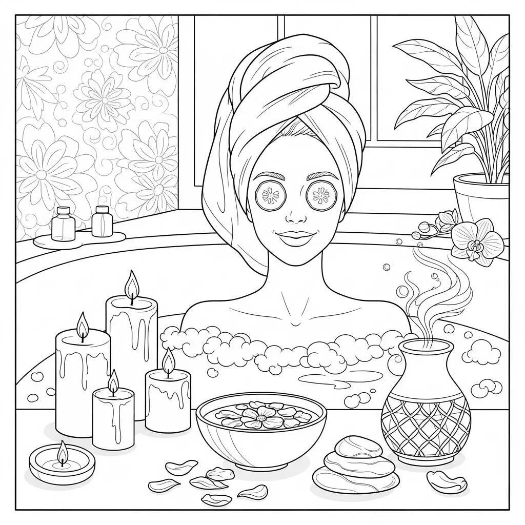 Desenho de Mulher Adulta e Autocuidado para Colorir