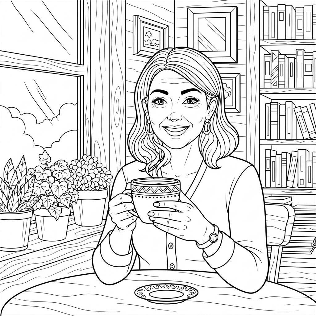 Desenho de Mulher Adulta e Café para Colorir