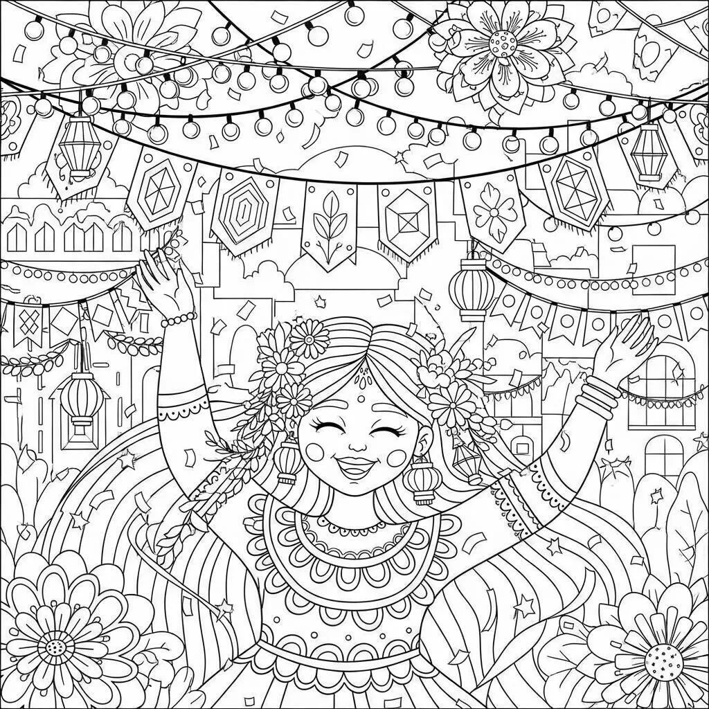 Desenho de Mulher Adulta e Festividades para Colorir