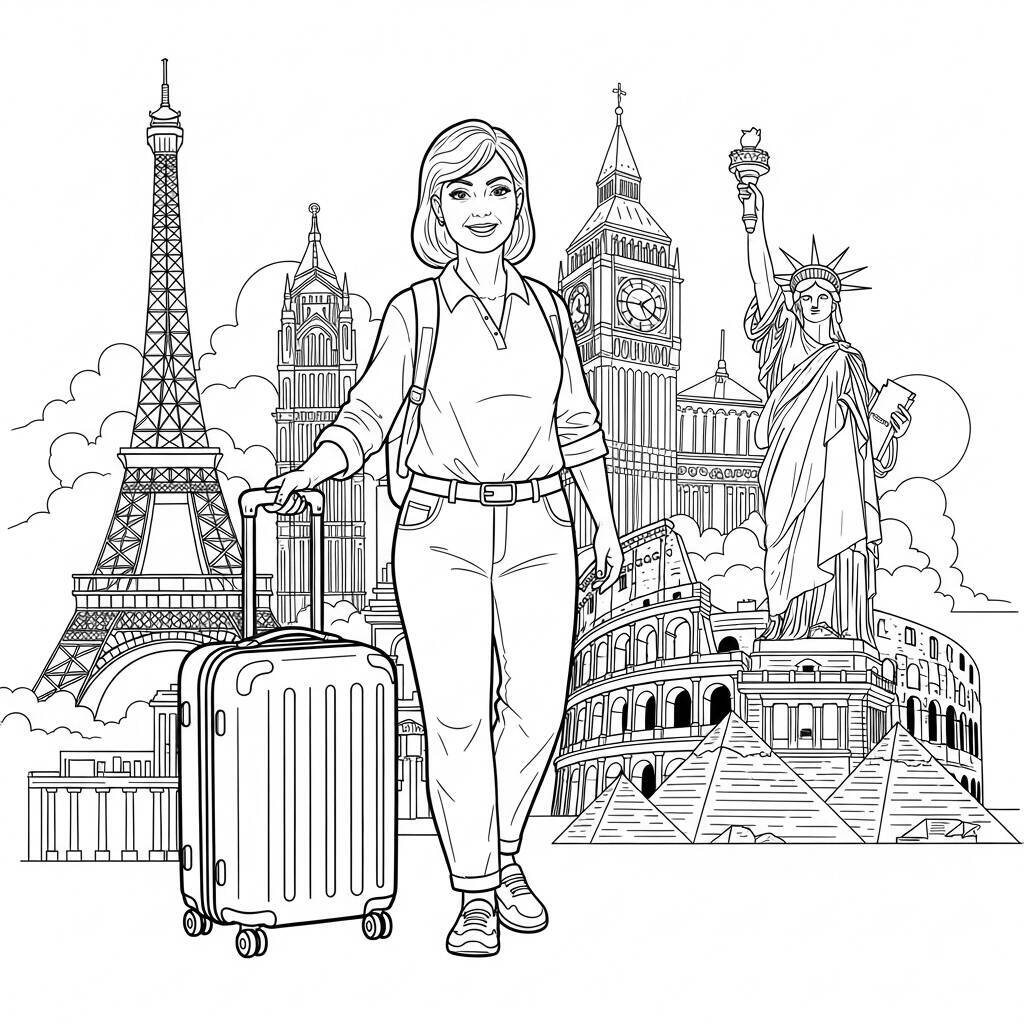 Desenho de Mulher Adulta e Viagem para Colorir