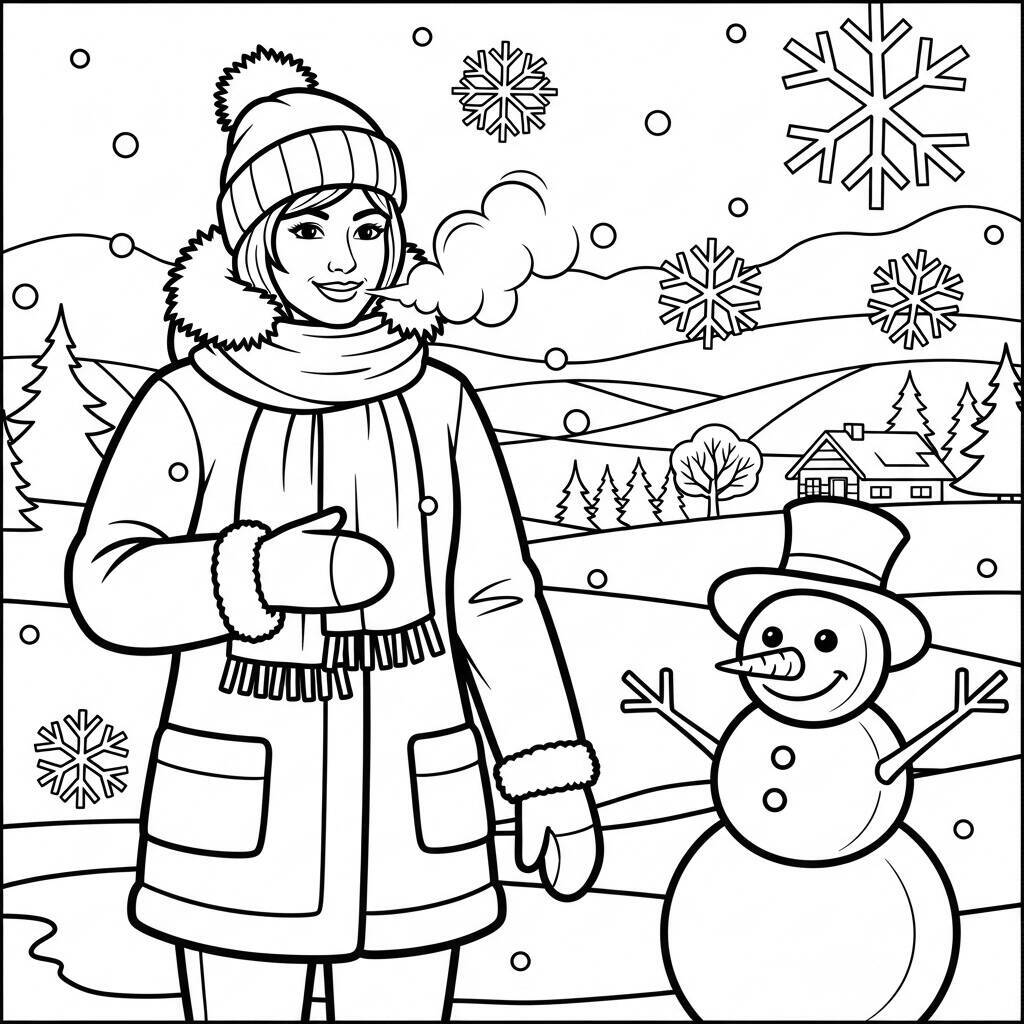 Desenho de Mulher Adulta em um Dia de Inverno para Colorir