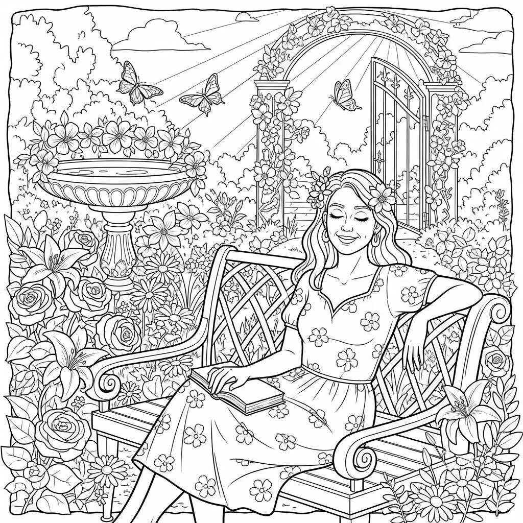 Desenho-de-Mulher-Adulta-em-um-Jardim-para-Colorir Desenho de Mulher Adulta em um Jardim para Colorir