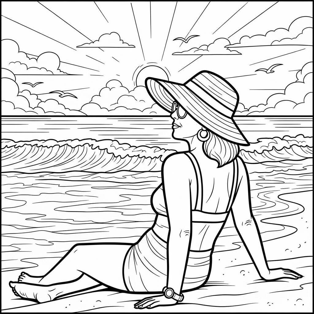 Desenho de Mulher Adulta na Praia para Colorir