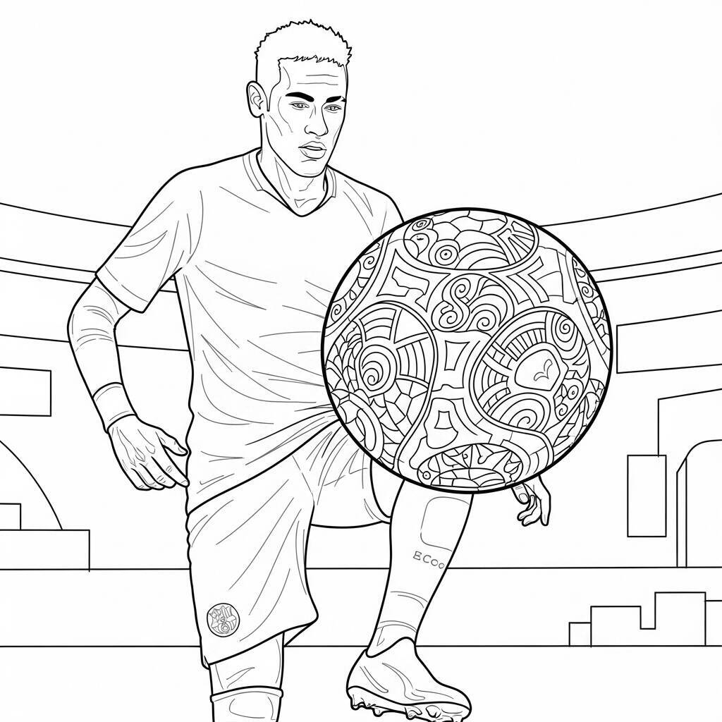 Desenho de Neymar com uma Bola de Futebol Personalizada para Colorir