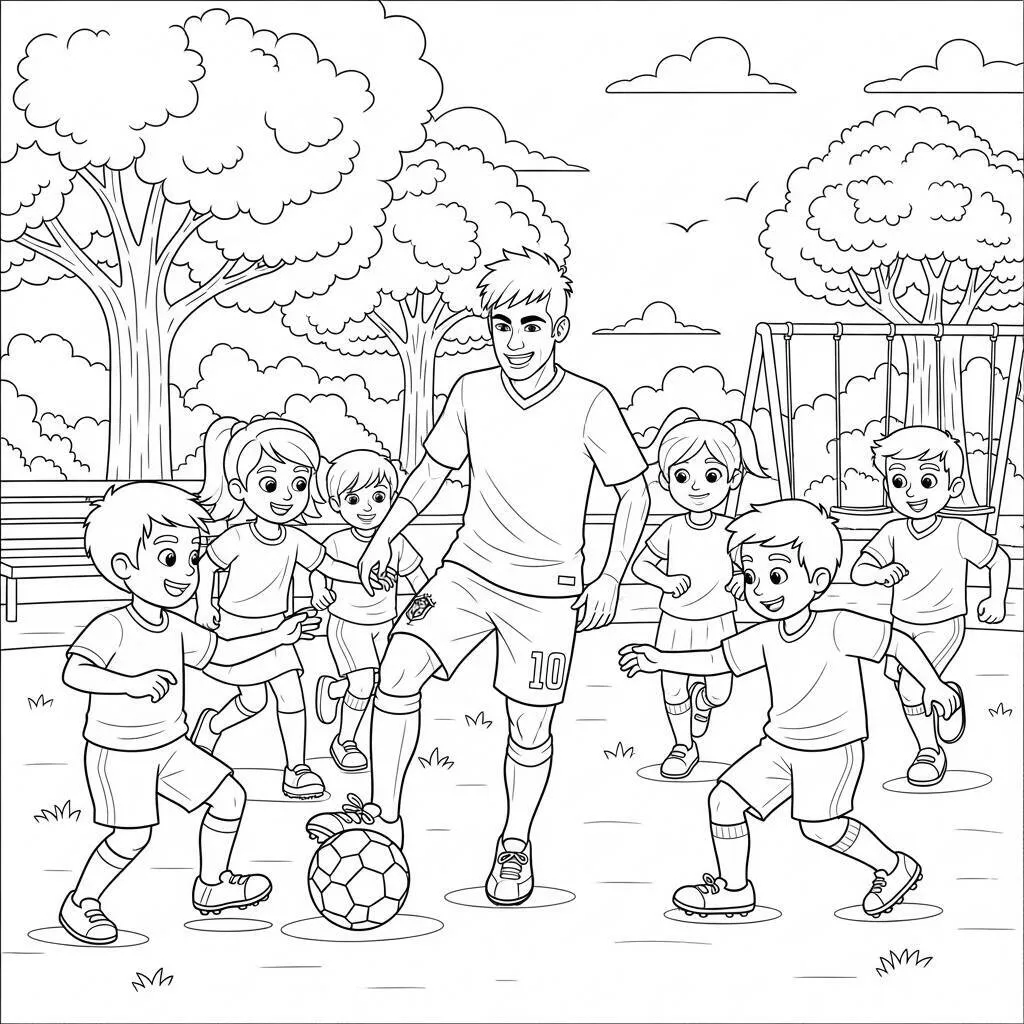 Desenho-de-Neymar-e-Criancas-Jogando-Futebol-para-Colorir Desenho de Neymar e Crianças Jogando Futebol para Colorir