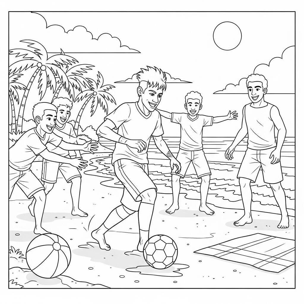 Desenho de Neymar em uma Praia com Amigos para Colorir