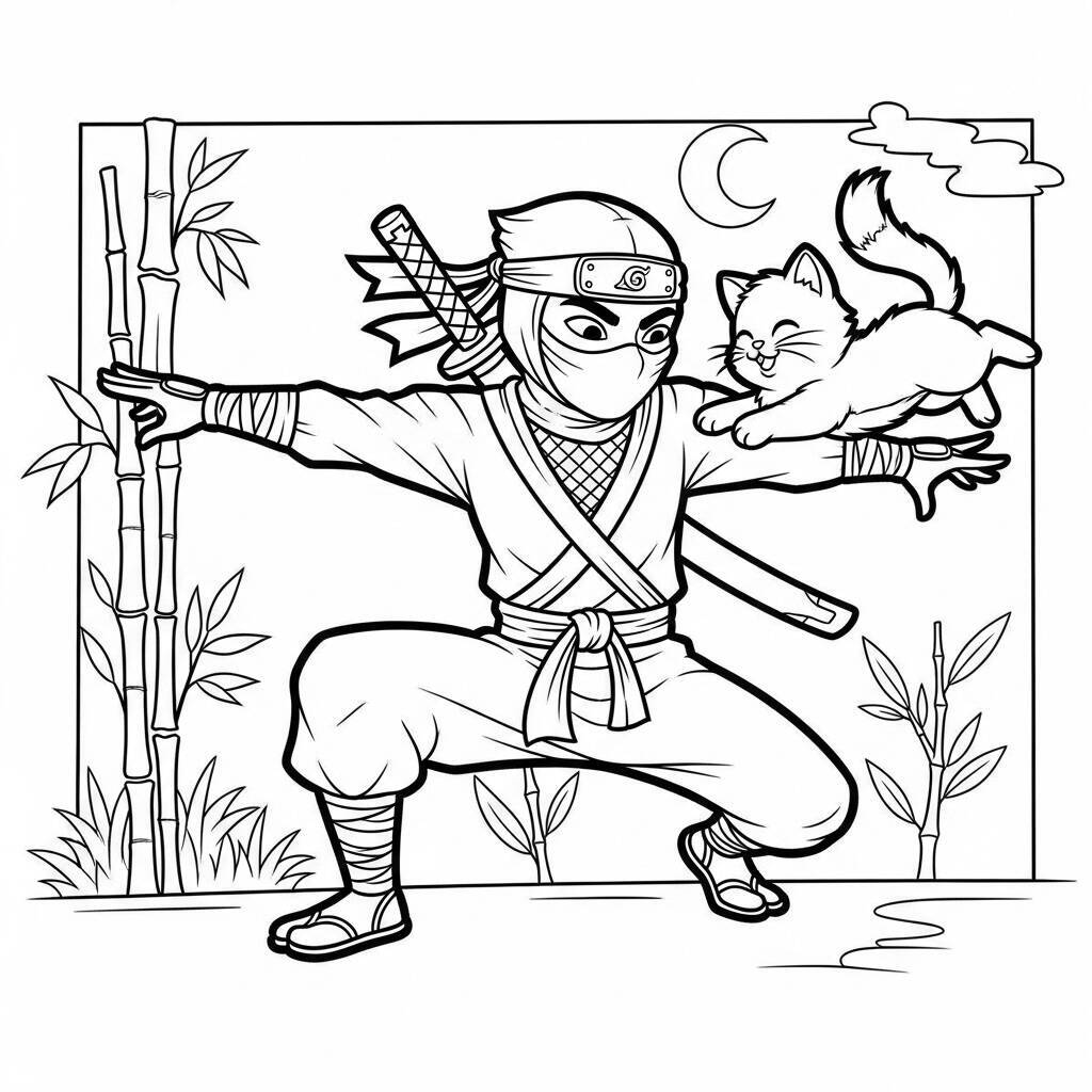 Desenho de Ninja com Animais para Colorir