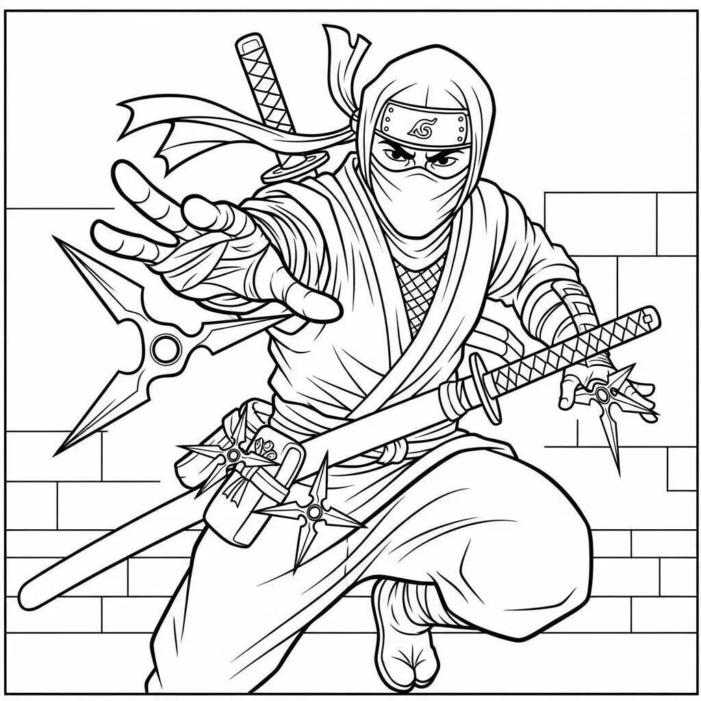 Desenho de Ninja com Armas para Colorir