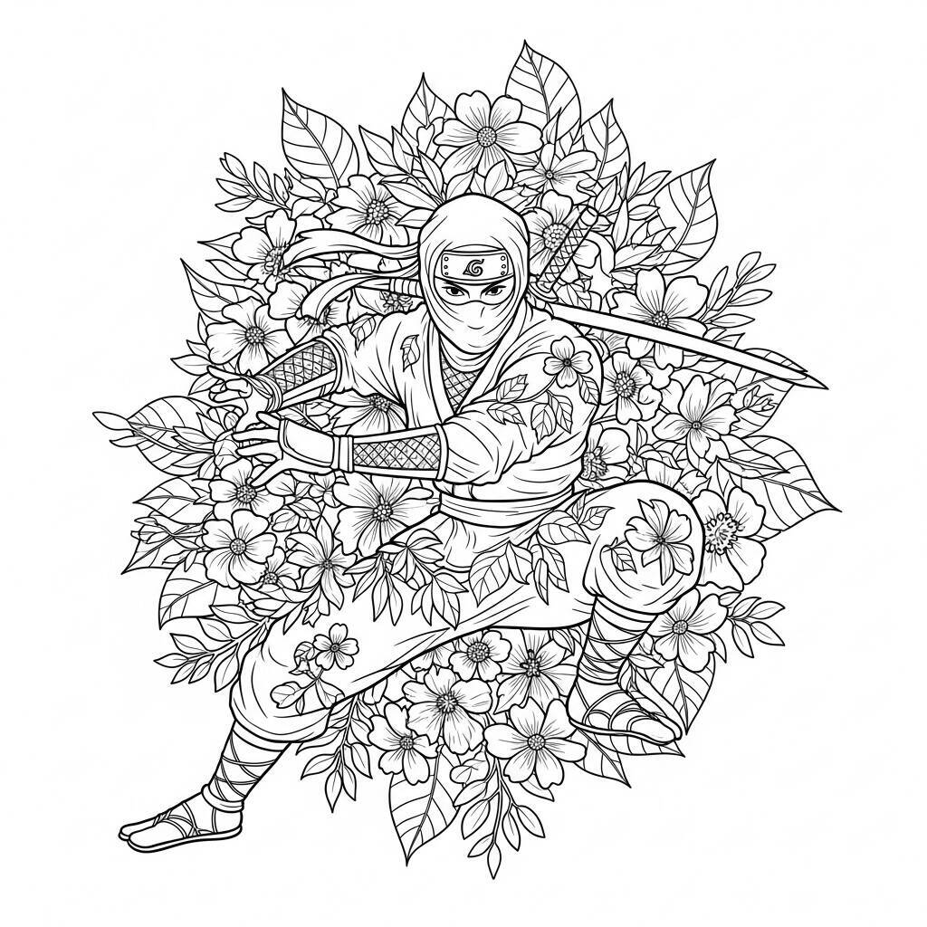 Desenho de Ninja com Elementos da Natureza para Colorir
