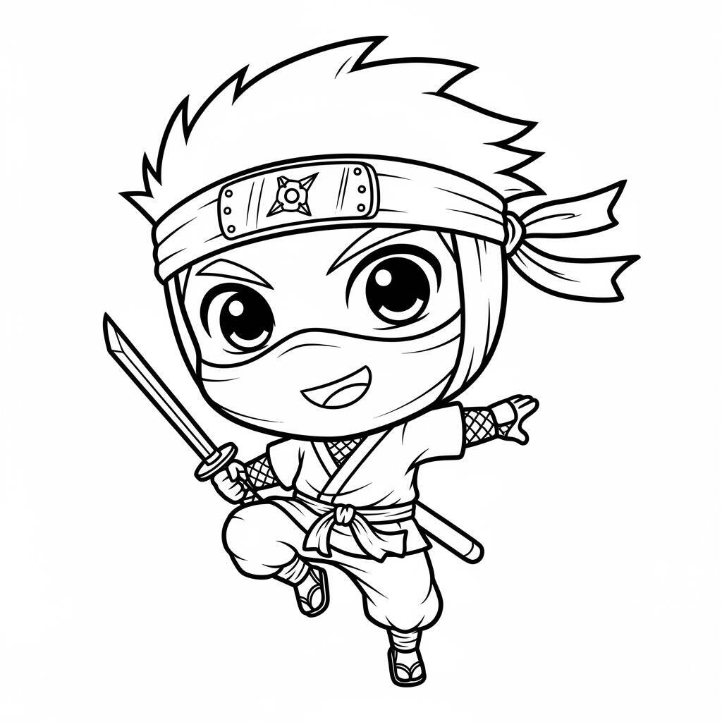 Desenho de Ninja com Estilo Chibi para Colorir