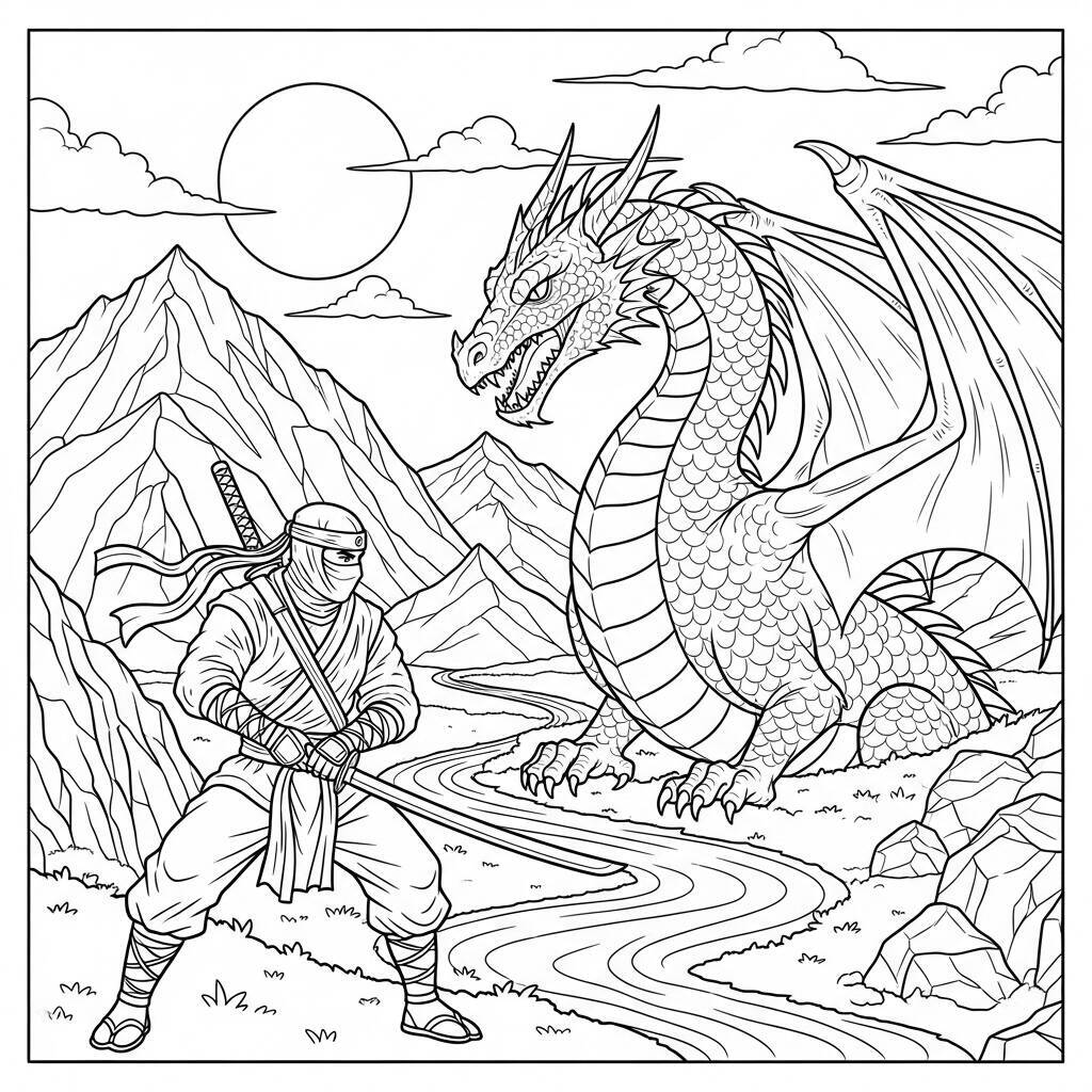 Desenho de Ninja e Dragão para Colorir