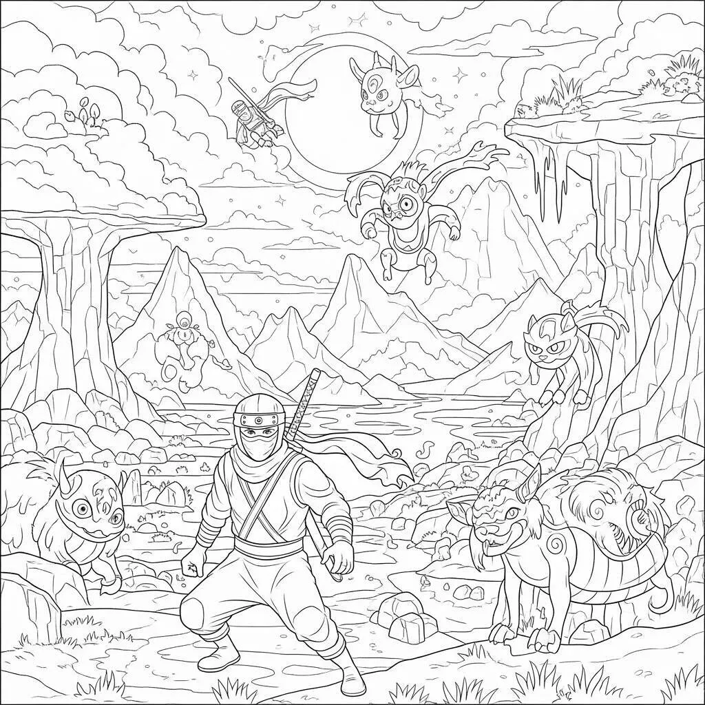 Desenho de Ninja e Fantasia para Colorir