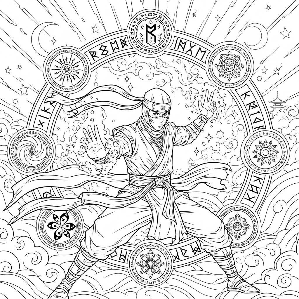 Desenho de Ninja e Magia para Colorir