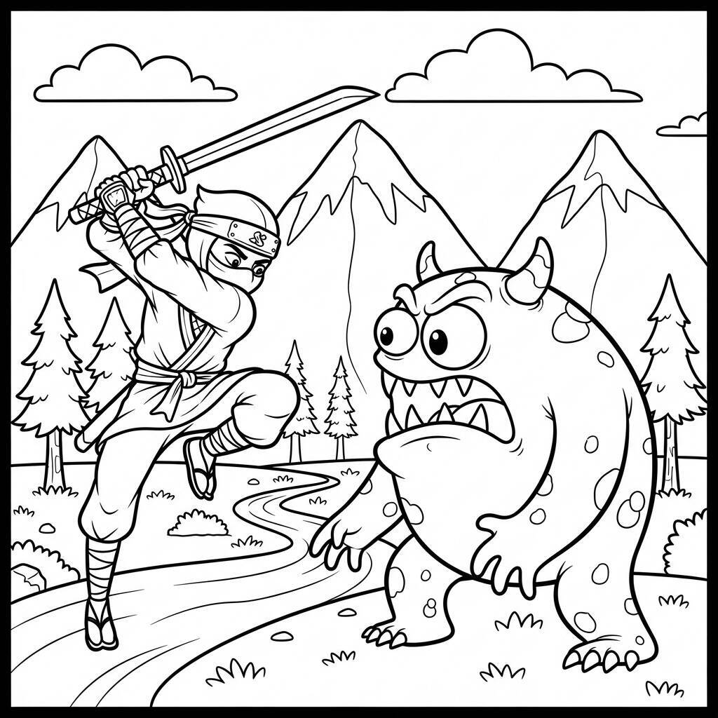 Desenho de Ninja e Monstro para Colorir